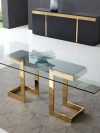 87" Glass Desk or Conference Table with Black Lacquer & Gold Stainless Base