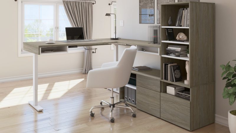 88" L-Shaped Adjustable Desk with Built-in Storage in Walnut Gray