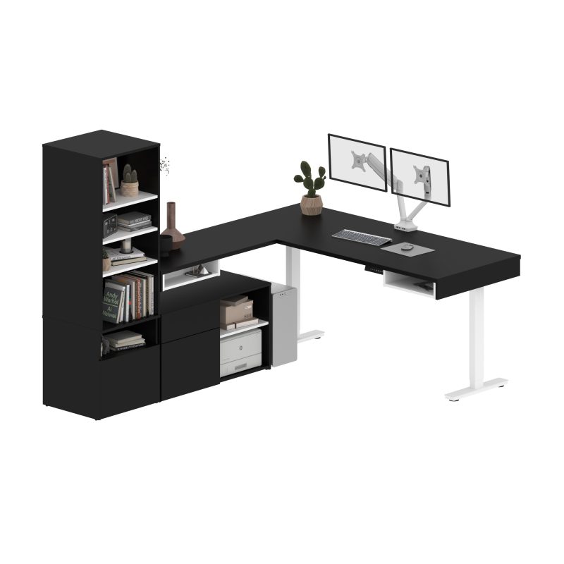 Set of Two 88" L-Shaped Adjustable Black & White Desks with Twin Monitor Arms - Image 2