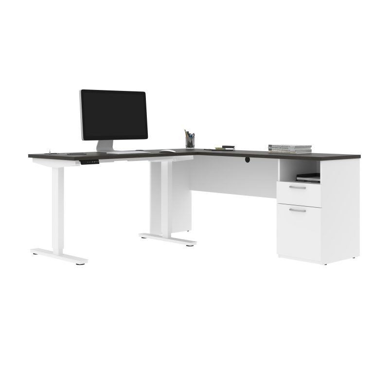 71" Adjustable L-Desk with Filing Area in Deep Gray & White - Image 2