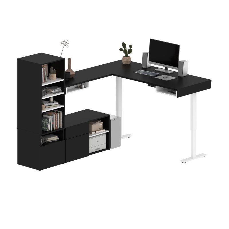 Set of Two 88" L-Shaped Adjustable Desks with Built-in Storage in Black/White - Image 2