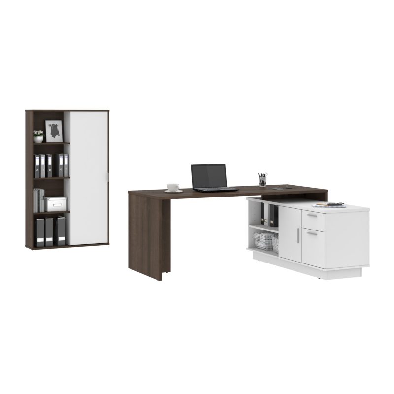 71" Antigua and White Modern L-Desk Set with Credenza and Cabinet - Image 2