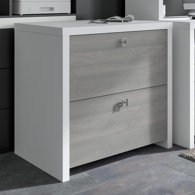 72?? Modern L-Shaped Bow-Front Office Desk in Pure White & Modern Gray - Image 7