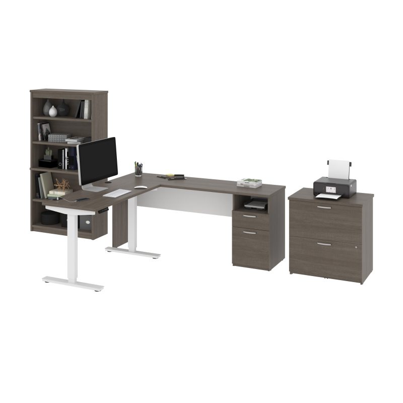72" L-Shaped Adjustable 3-Piece Desk Set in Bark Gray and White - Image 2