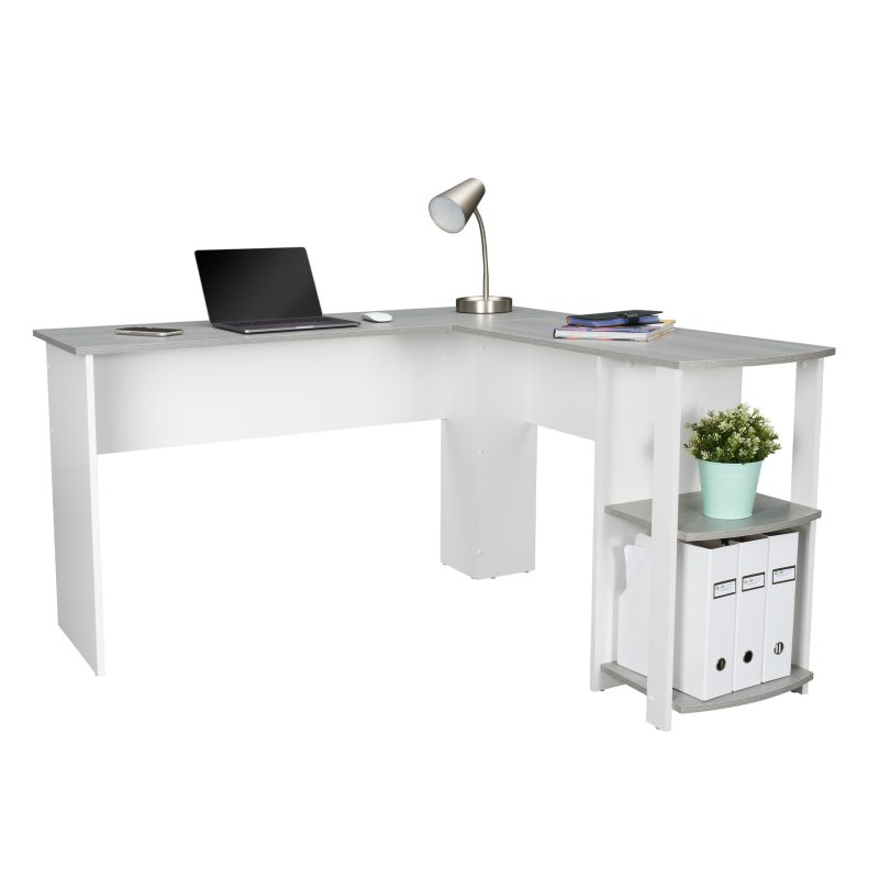 54" L-Desk in White & Gray with Built-in Bookshelf - Image 2