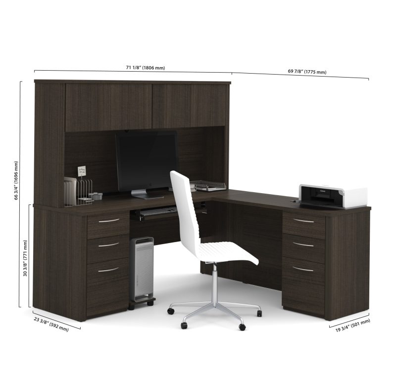 71" Dark Chocolate L-Shaped Double Pedestal Desk with Hutch - Image 4