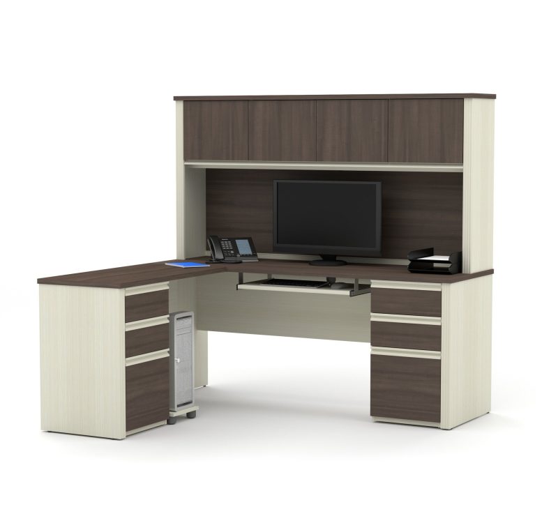 Premium L-shaped Desk with Hutch in White Chocolate & Antigua - Image 2