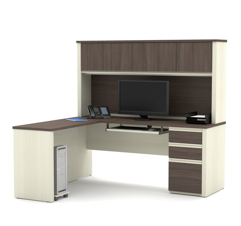 L-shaped Desk with Hutch in Modern White Chocolate & Antigua - Image 2