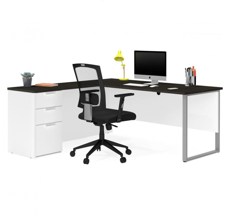 71" x 69" Single Pedestal L-shaped Desk in White & Deep Gray - Image 2