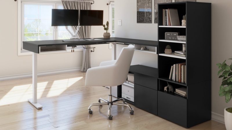 88" L-Shaped Modern Adjustable Black Desk with Twin Monitor Arms