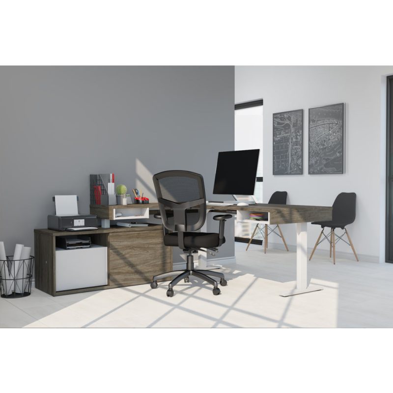 71" Programmable Standing Desk in Walnut Gray and White with Credenza - Image 2