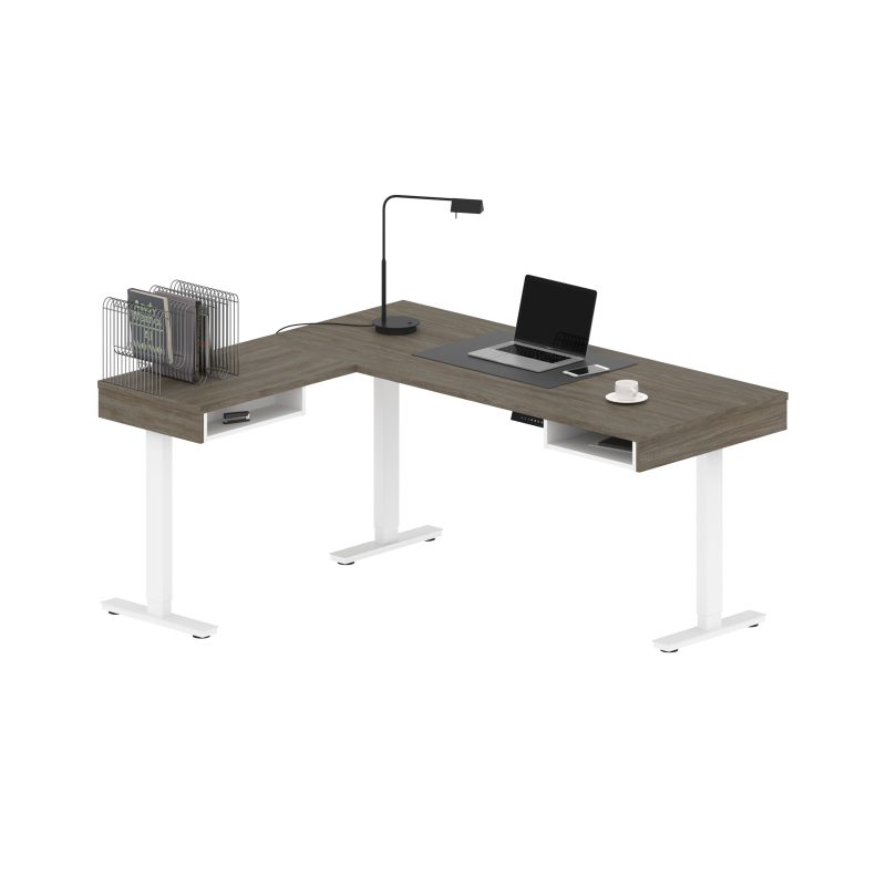 71" Adjustable Walnut Gray and White L-Shaped Standing Desk - Image 2