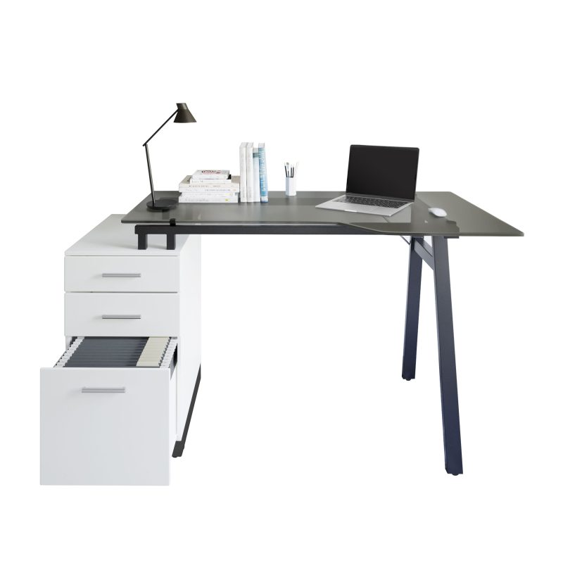 60" White & Glass Desk with Built-in File - Image 2