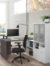 71" Bark Gray and White L-shaped Desk with Frosted Hutch