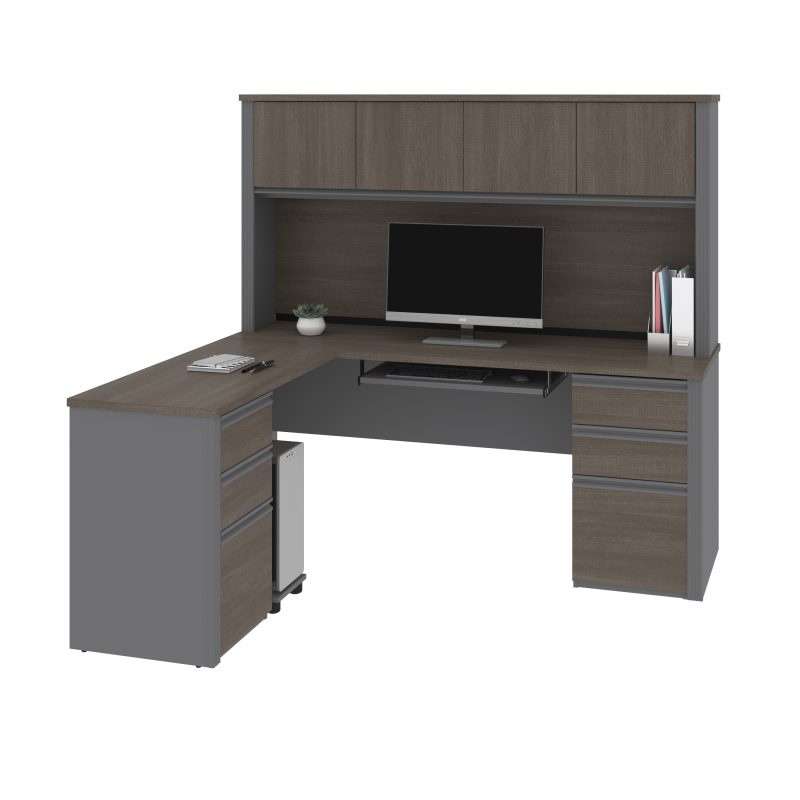 Premium L-shaped Double Pedestal Desk with Hutch in Bark Gray and Slate - Image 2