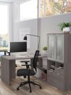 71" Bark Gray L-shaped Desk with Frosted Hutch