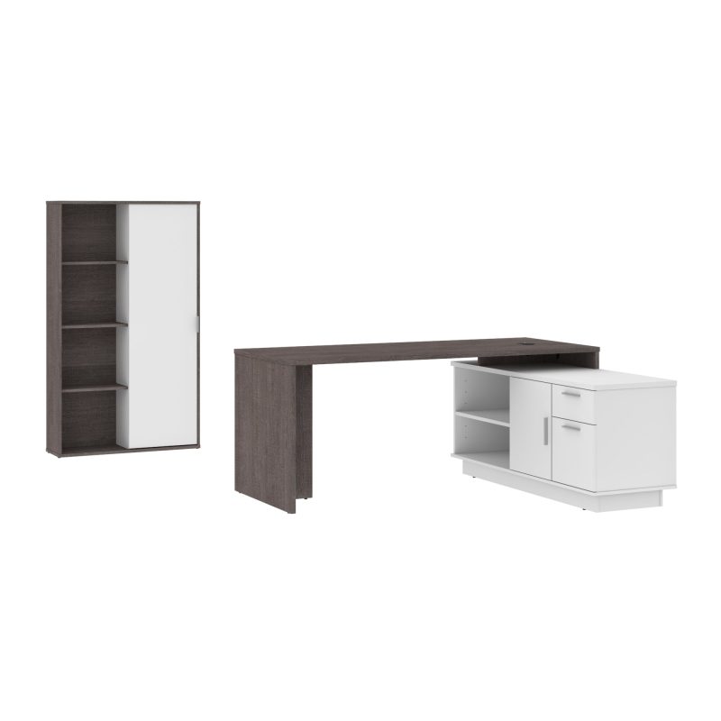 71" Bark Gray and White Modern L-Desk Set with Credenza and Cabinet - Image 3
